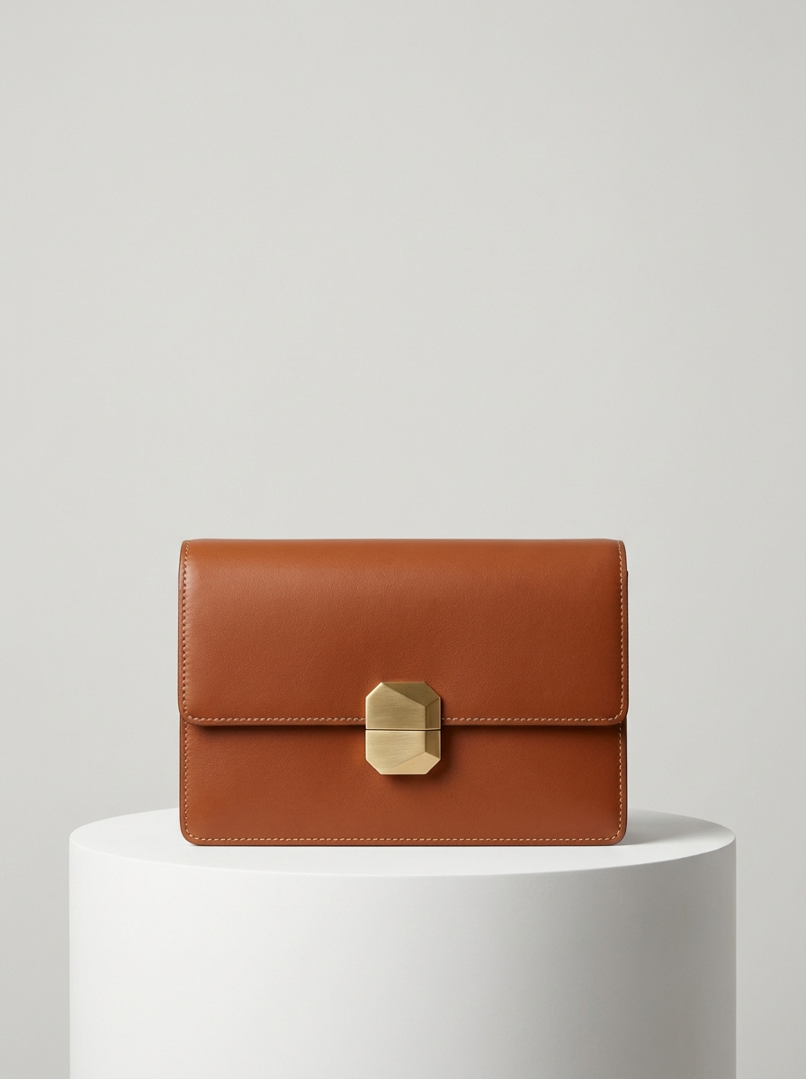 Cognac Leather Handbag with Gold Clasp