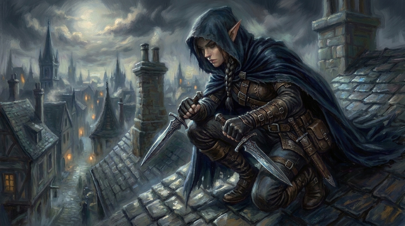 Elven Rogue Crouching On Rooftop 202606301139